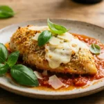 Close-up of a perfectly baked healthy chicken parmesan recipe garnished with fresh basil leaves and parmesan cheese