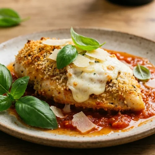 Close-up of a perfectly baked healthy chicken parmesan recipe garnished with fresh basil leaves and parmesan cheese