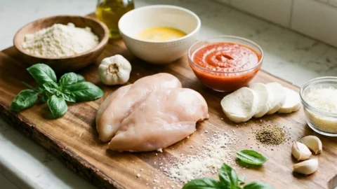 Flat-lay of ingredients for healthy chicken parmesan recipe, including chicken breasts, zucchini noodles, marinara sauce, and mozzarella cheese