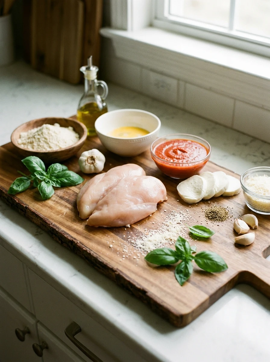 Flat-lay of ingredients for healthy chicken parmesan recipe, including chicken breasts, zucchini noodles, marinara sauce, and mozzarella cheese