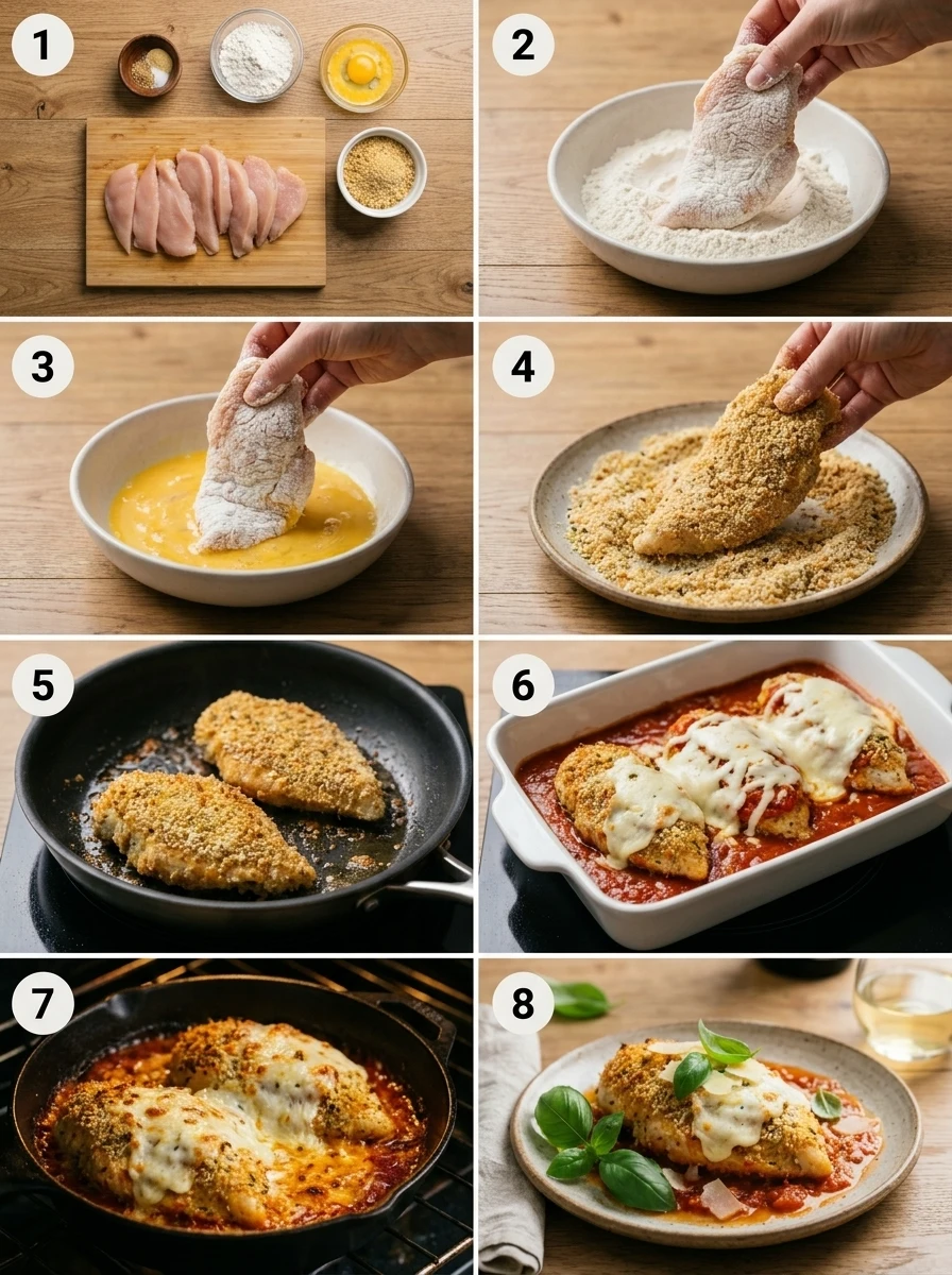 Collage of key steps in healthy chicken parmesan recipe, including dredging chicken in flour, cooking in skillet, and baking in oven