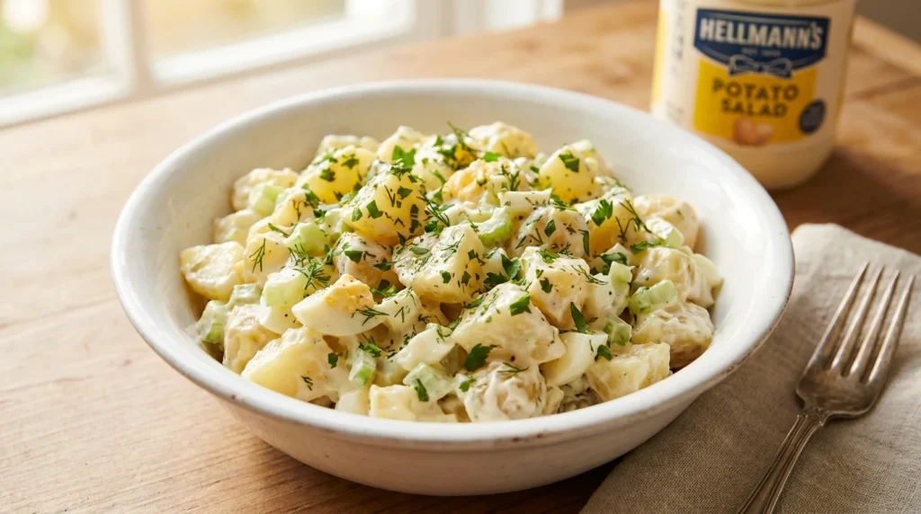 A bowl of creamy Hellmann's potato salad garnished with fresh herbs