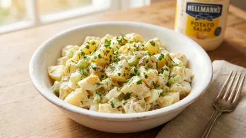 A bowl of creamy Hellmann's potato salad garnished with fresh herbs