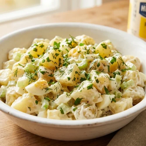 A bowl of creamy Hellmann's potato salad garnished with fresh herbs