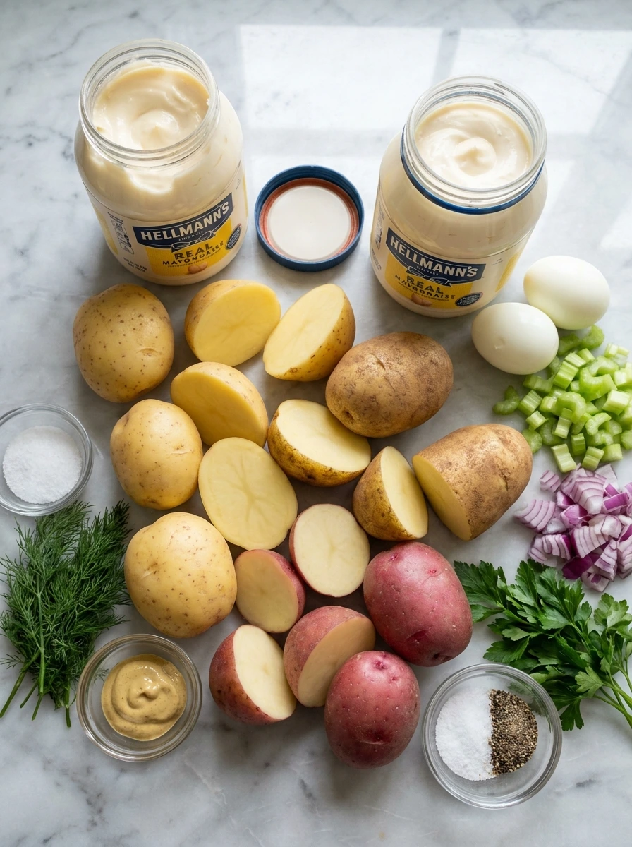 Arranged ingredients for Hellmann's potato salad including potatoes and mayonnaise