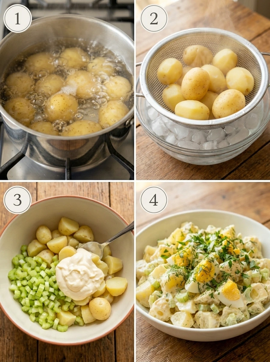 A collage of the steps to make Hellmann's potato salad