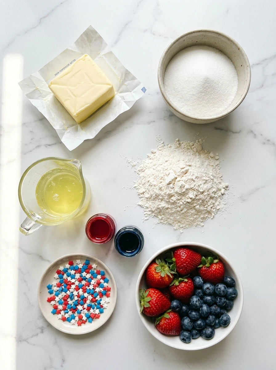 Flat-lay arrangement of butter, sugar, flour, egg whites, and red and blue food coloring on marble.