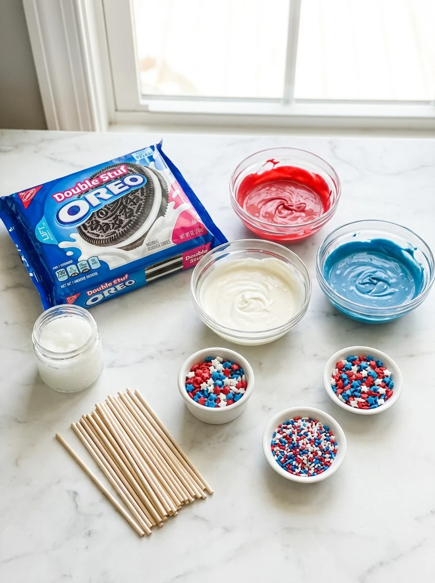 Top-down view of Oreos, red white and blue candy melts, lollipop sticks, and sprinkles on a marble surface.
