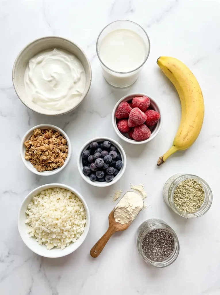 An organized overhead view of Greek yogurt, milk, berries, banana, and protein powder on marble.