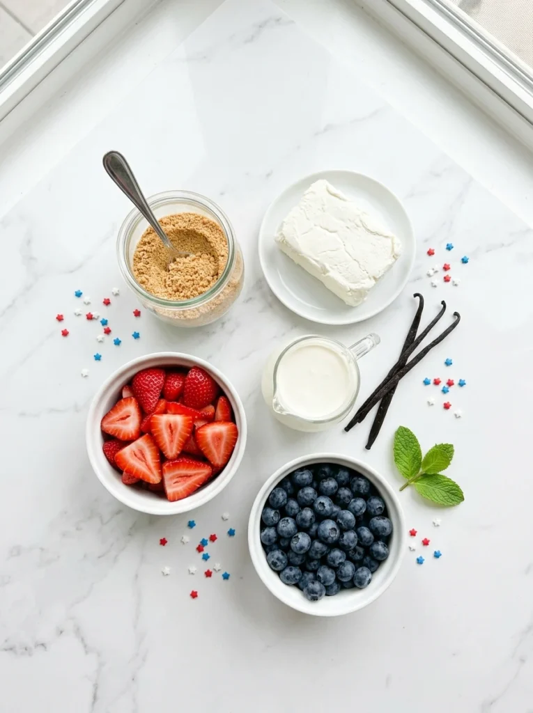 Overhead view of fresh strawberries, blueberries, graham cracker crumbs, and cream cheese on marble.
