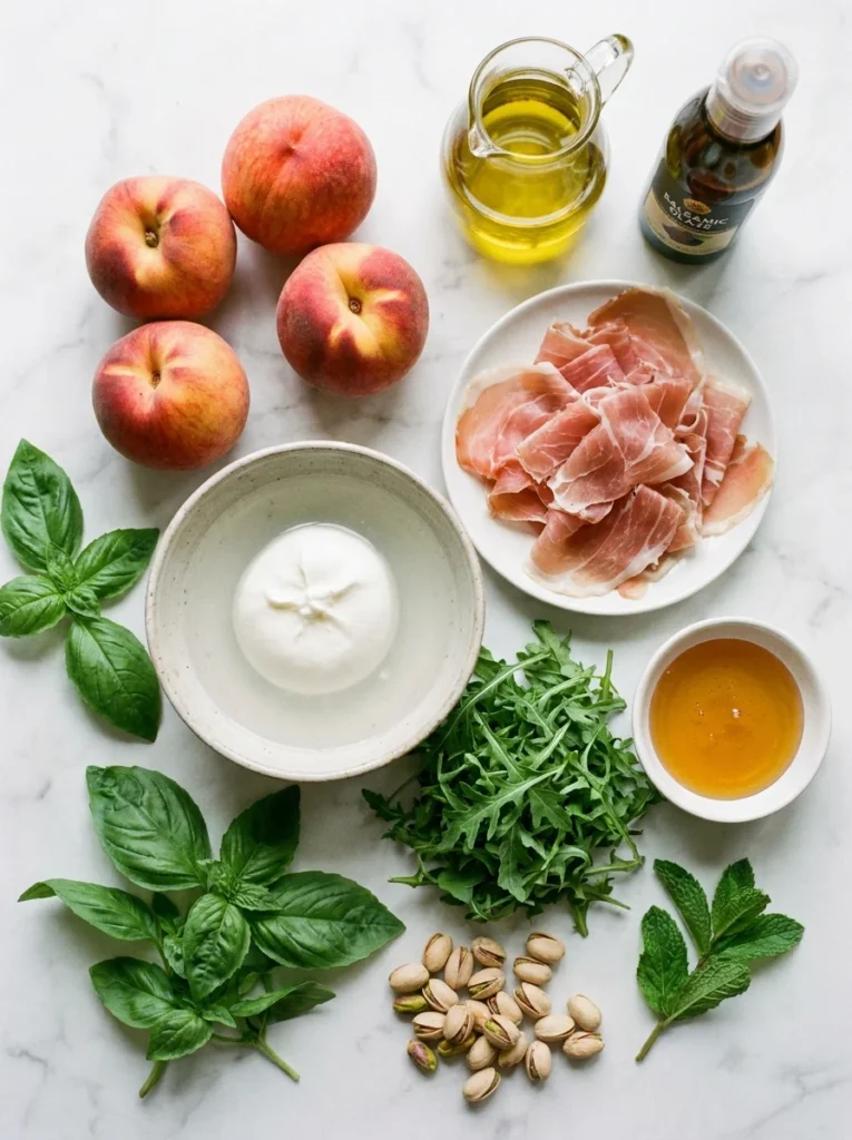 A flat-lay of fresh peaches, burrata cheese, prosciutto, arugula, honey, and pistachios on a white marble background.