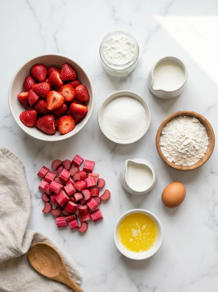 A flat-lay arrangement of fresh strawberries, rhubarb, flour, sugar, and milk on a marble surface.