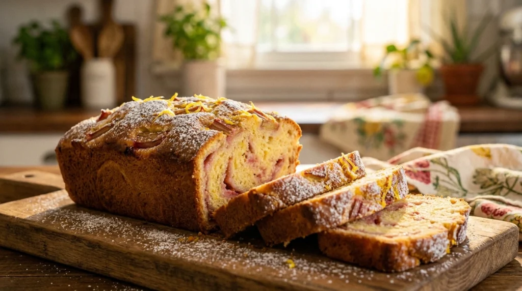 A beautifully styled lemon rhubarb bread on a rustic wooden board