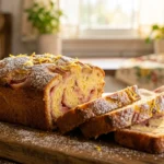 A beautifully styled lemon rhubarb bread on a rustic wooden board