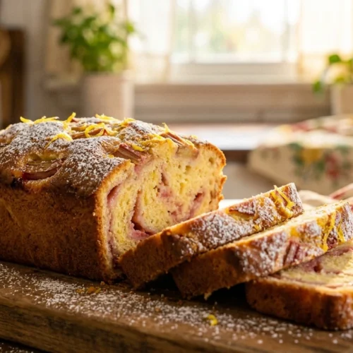 A beautifully styled lemon rhubarb bread on a rustic wooden board