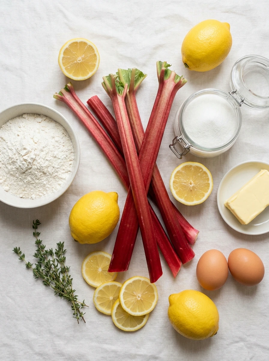 A flat-lay image of lemons, rhubarb, flour, sugar, eggs, butter, lemon zest, strawberries, and coconut