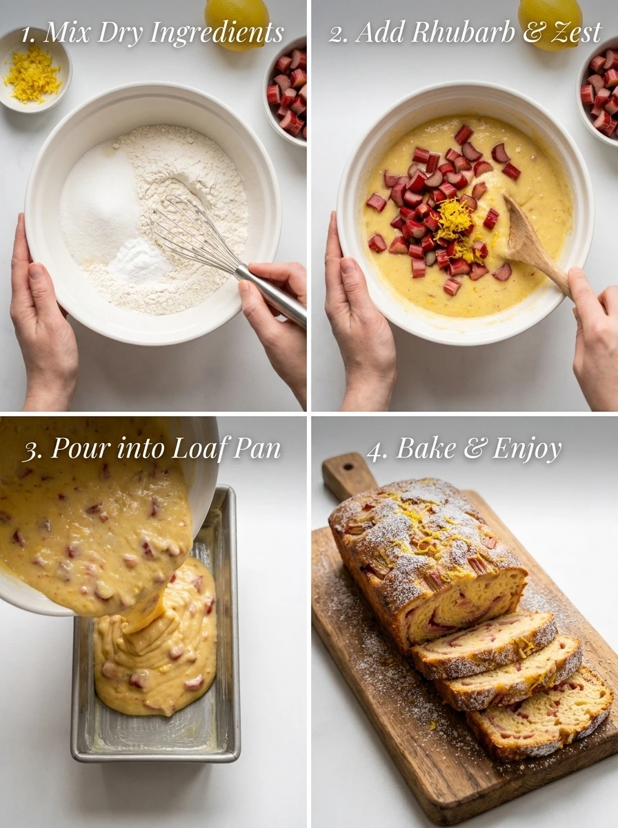 A 2x2 grid image showcasing the key steps of the lemon rhubarb bread recipe