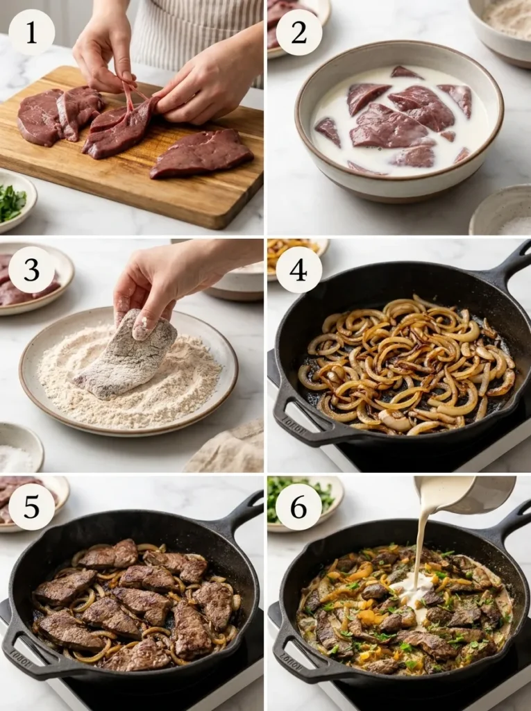 A 6-step collage showing the process of cleaning, soaking, dredging, frying, and saucing beef liver.