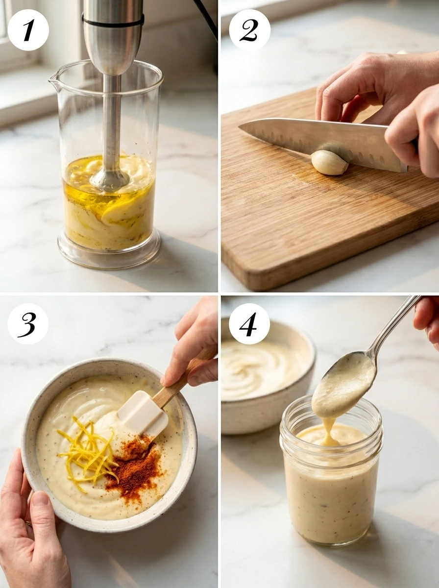 A 4-step sequence collage showing the process of making garlic aioli from emulsifying to final storage, with numbered steps.
