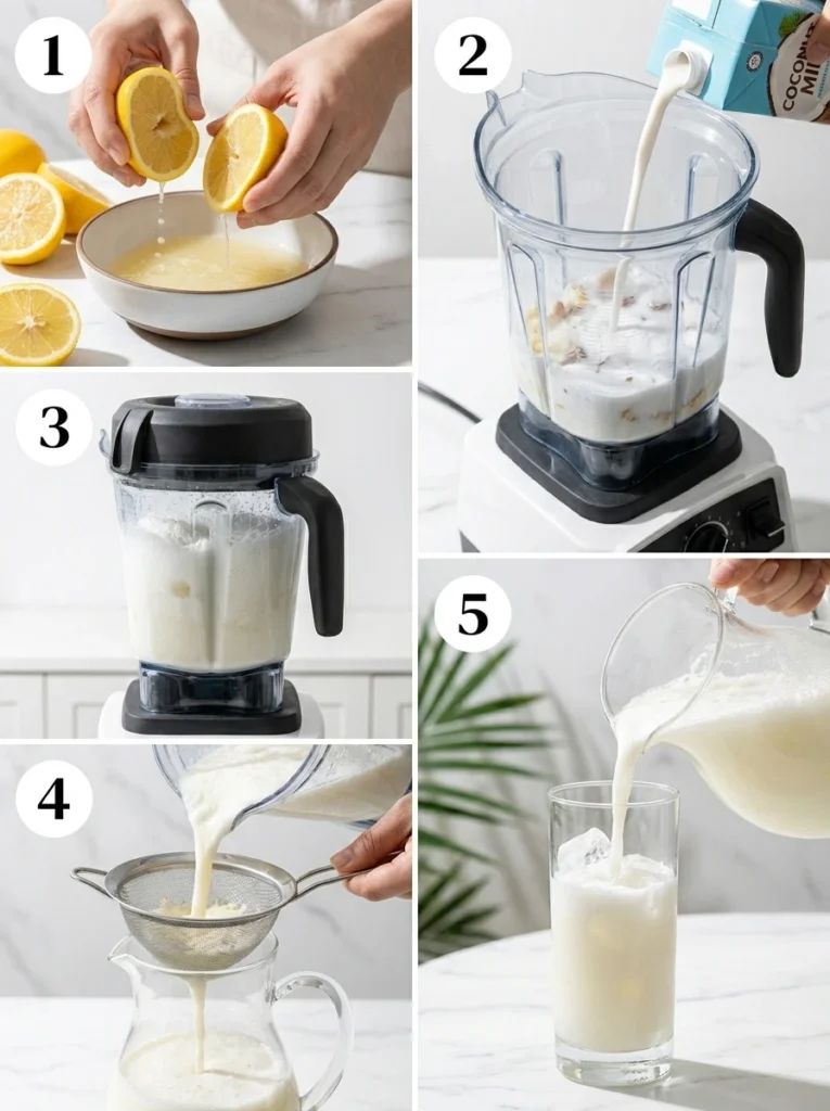 A 5-step visual guide showing the process of making coconut lemonade from juicing to serving.