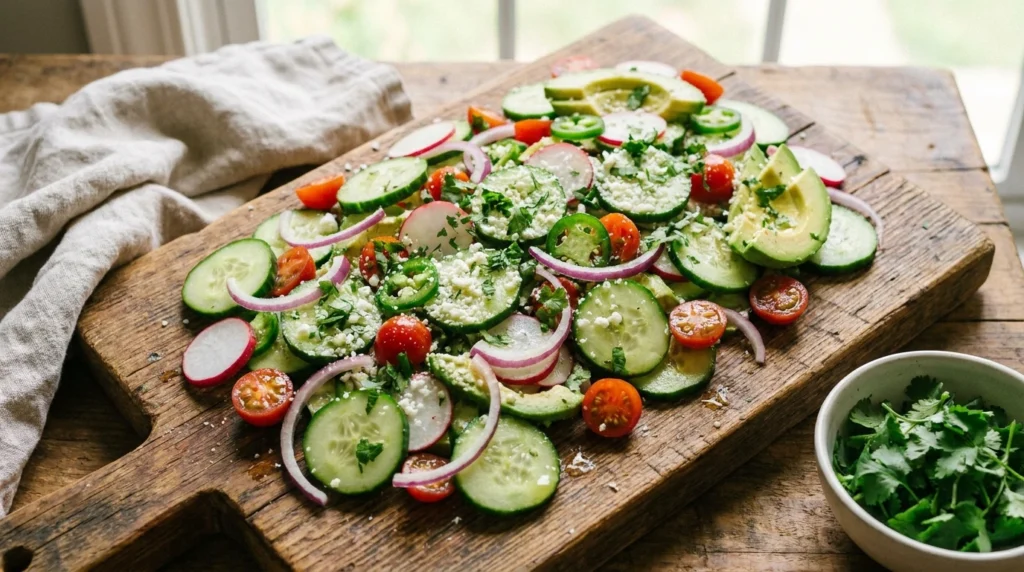 Vibrant Mexican cucumber salad on a rustic wooden board
