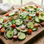 Vibrant Mexican cucumber salad on a rustic wooden board