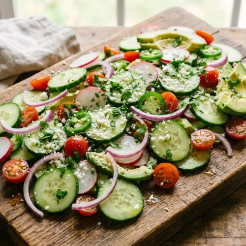 Vibrant Mexican cucumber salad on a rustic wooden board