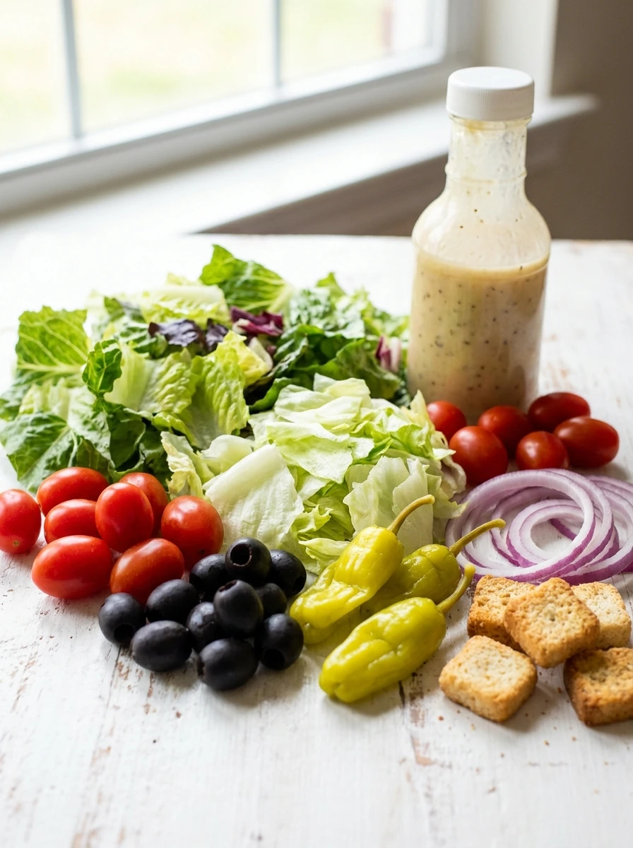 Fresh lettuce, juicy tomatoes, pitted olives, croutons, and Italian dressing arranged on a white background