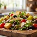 A fresh and vibrant Olive Garden salad on a rustic wooden board