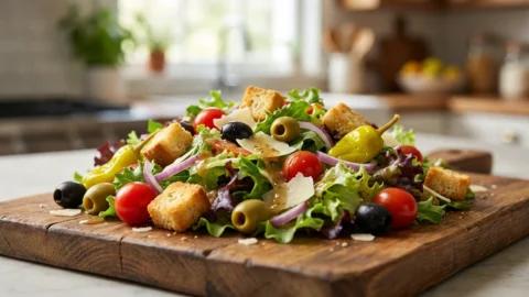A fresh and vibrant Olive Garden salad on a rustic wooden board