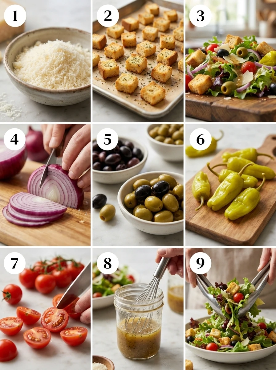 A 3x3 grid collage of the key steps in making the Olive Garden salad