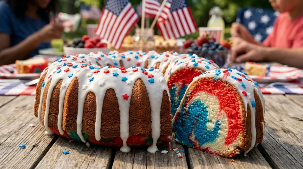 A glazed 4th of July Bundt cake with red, white, and blue marbled interior on a wooden outdoor table.