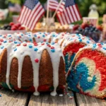 A glazed 4th of July Bundt cake with red, white, and blue marbled interior on a wooden outdoor table.
