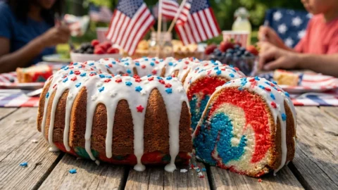 A glazed 4th of July Bundt cake with red, white, and blue marbled interior on a wooden outdoor table.