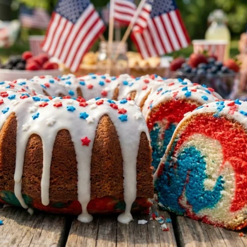 A glazed 4th of July Bundt cake with red, white, and blue marbled interior on a wooden outdoor table.