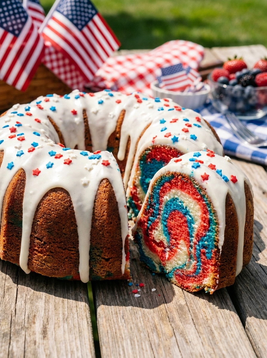 A glazed 4th of July Bundt cake with red, white, and blue marbled interior on a wooden outdoor table.