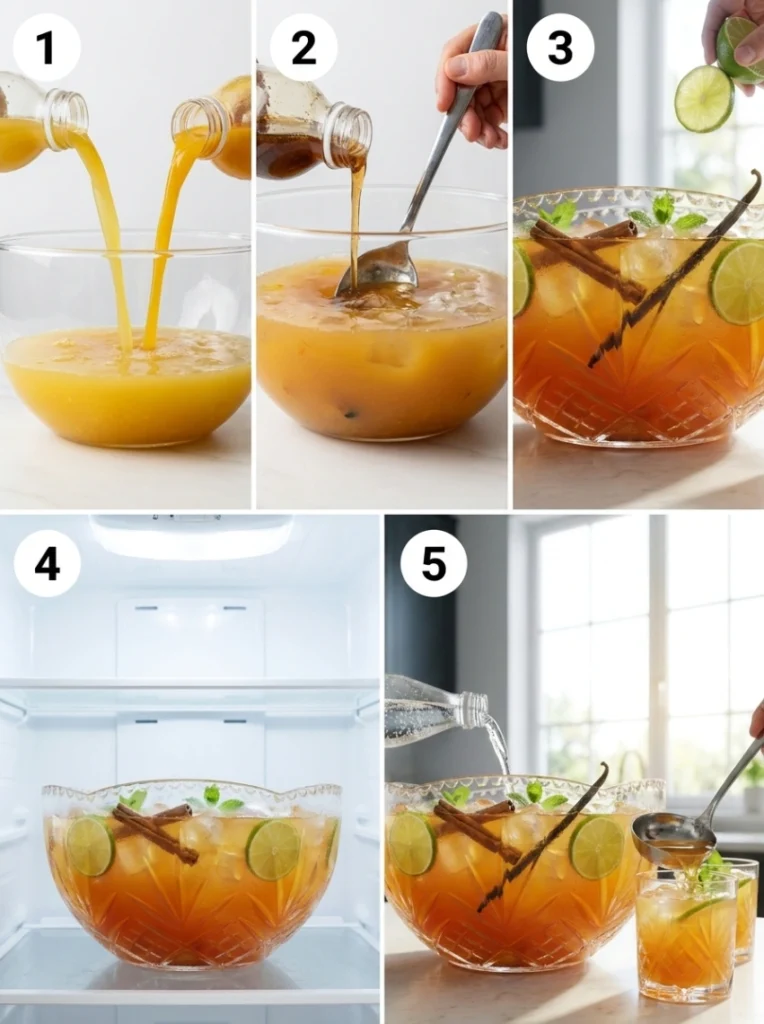 A five-panel sequence showing the process of making tropical punch, from mixing juices to adding the final fizz, with steps numbered 1 to 5.