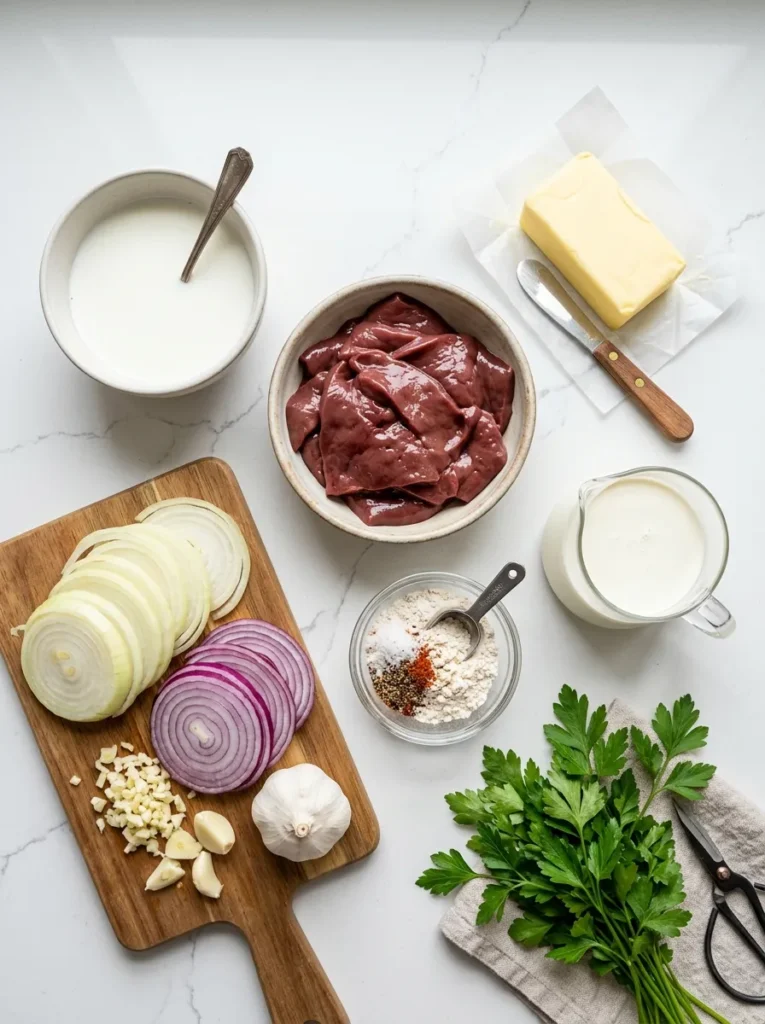 Flat-lay arrangement of raw beef liver, onions, milk, flour, cream, and spices on a white marble surface.