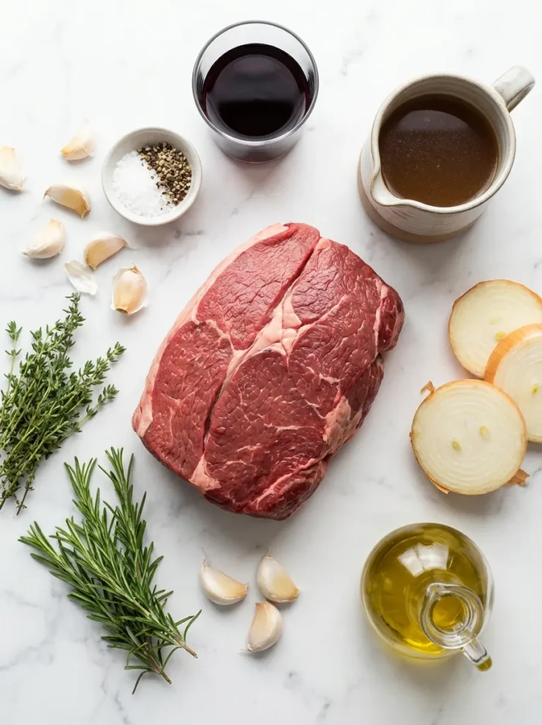 An overhead view of raw beef roast, fresh herbs, garlic, red wine, beef broth, and spices arranged on a white marble table.