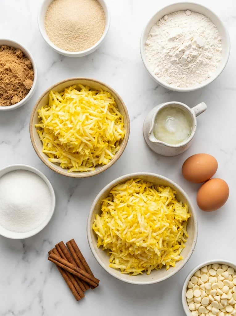 Top-down view of grated summer squash, flour, sugars, coconut oil, and white chocolate chips on marble.