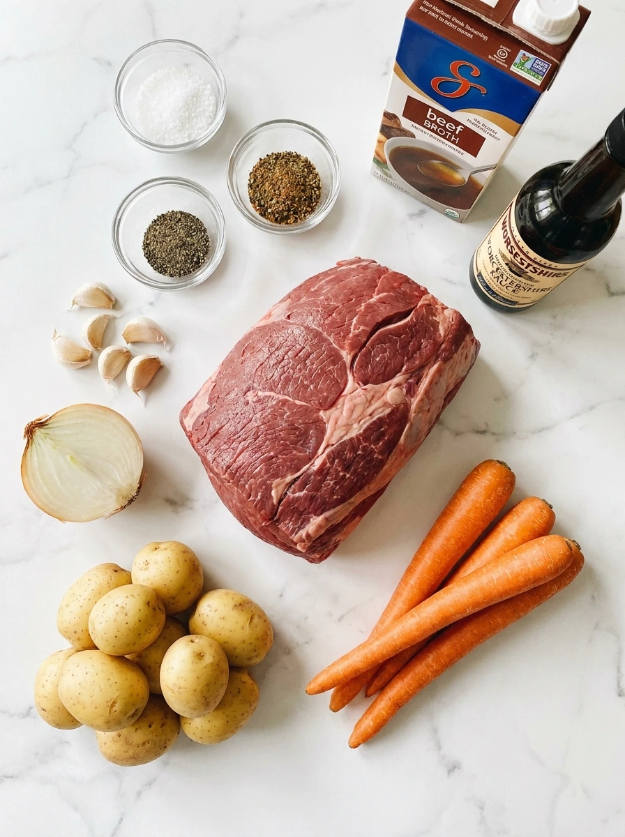An overhead shot of a raw beef roast, potatoes, carrots, onions, garlic, and spices on a white surface.