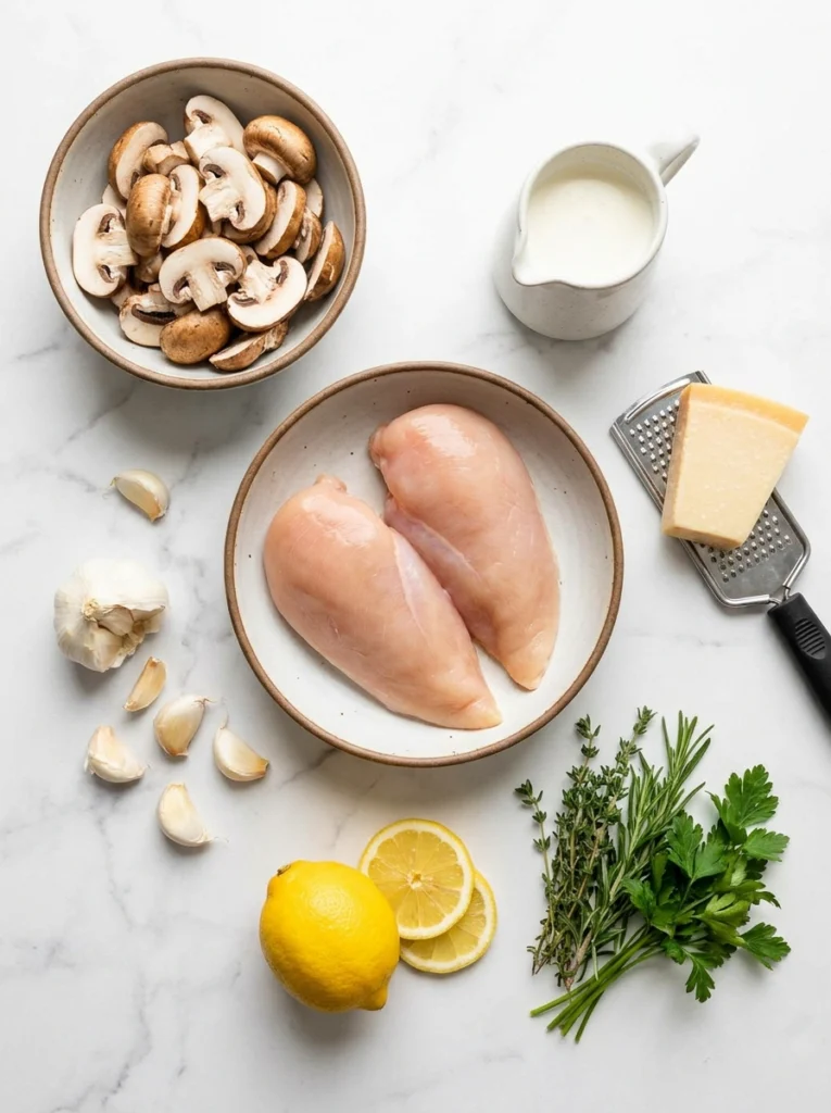 A top-down view of fresh ingredients including raw chicken, sliced mushrooms, heavy cream, garlic, and herbs arranged on marble.