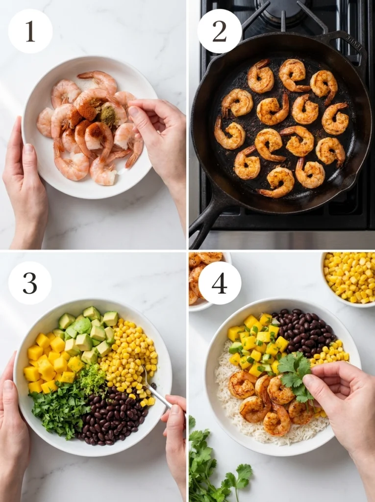 A four-panel grid showing the steps of making summer shrimp bowls: seasoning, cooking, salsa prep, and garnishing.