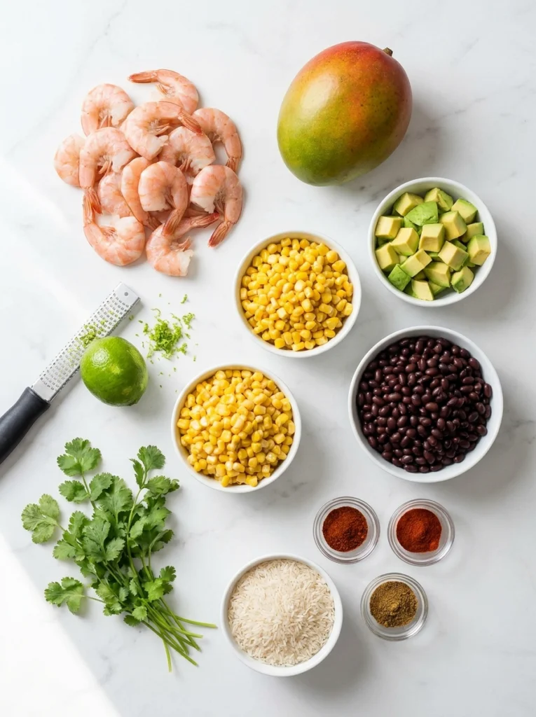 Flat-lay arrangement of raw shrimp, mango, avocado, black beans, corn, lime, and various spices on a white background.