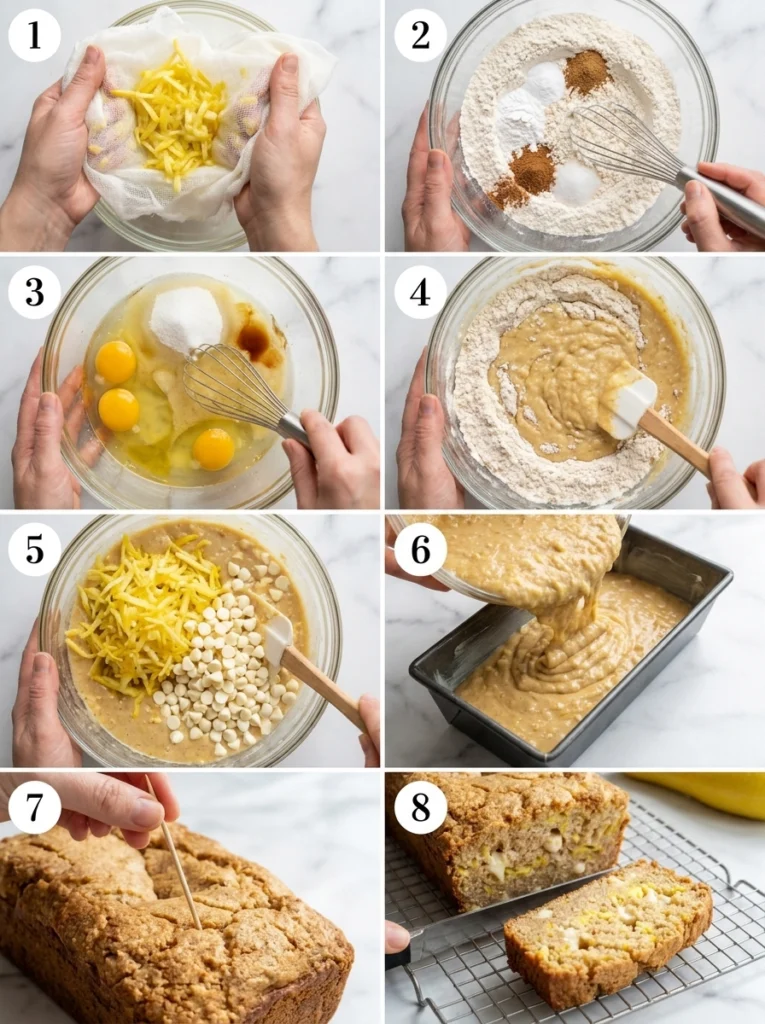 A grid of 8 images showing the sequential steps of making summer squash bread from prep to slicing.