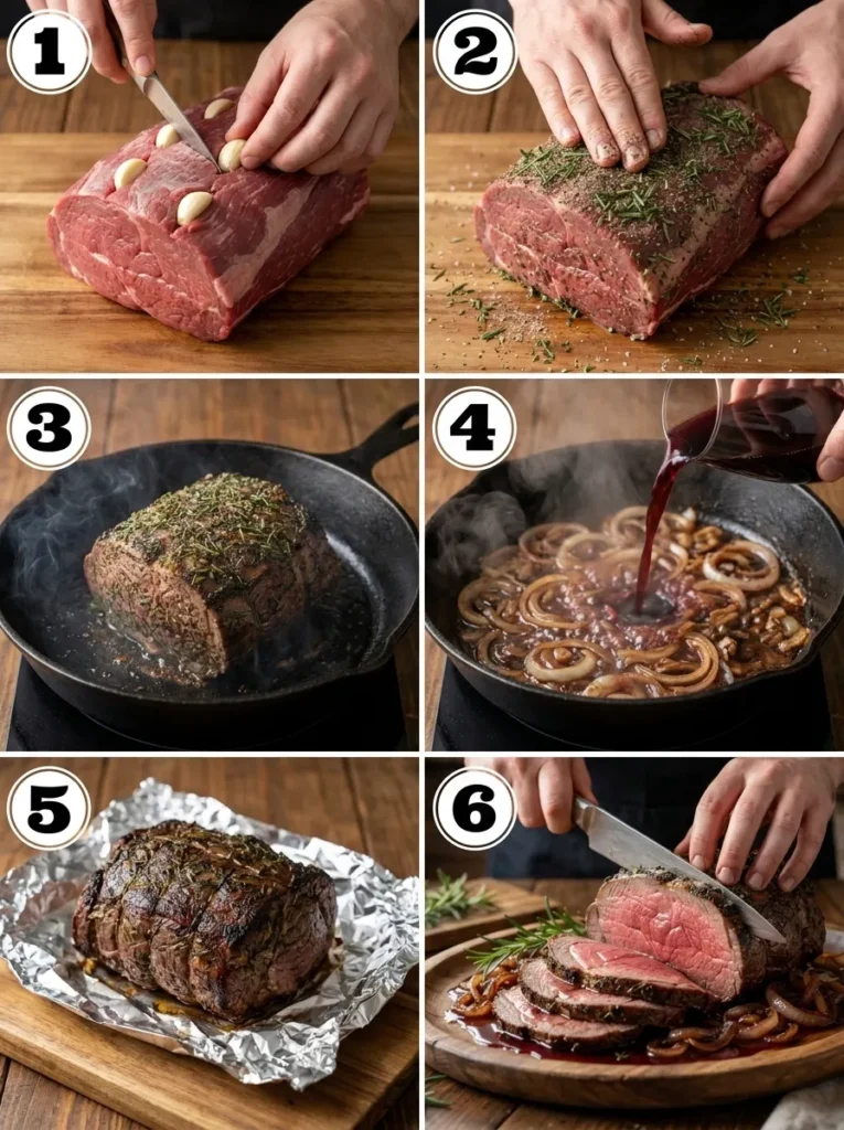 A six-panel collage showing the process of making a rump roast from prep to slicing, with numbered steps.