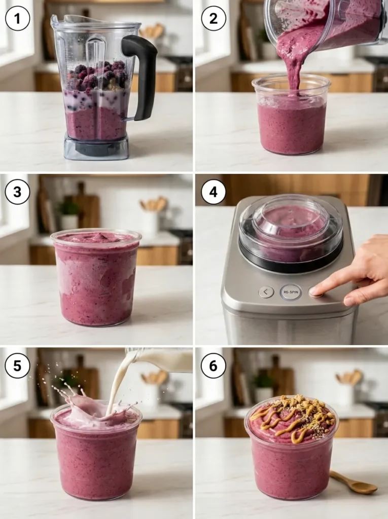 A six-panel grid showing the process of making a Ninja Creami smoothie bowl from blending to topping.