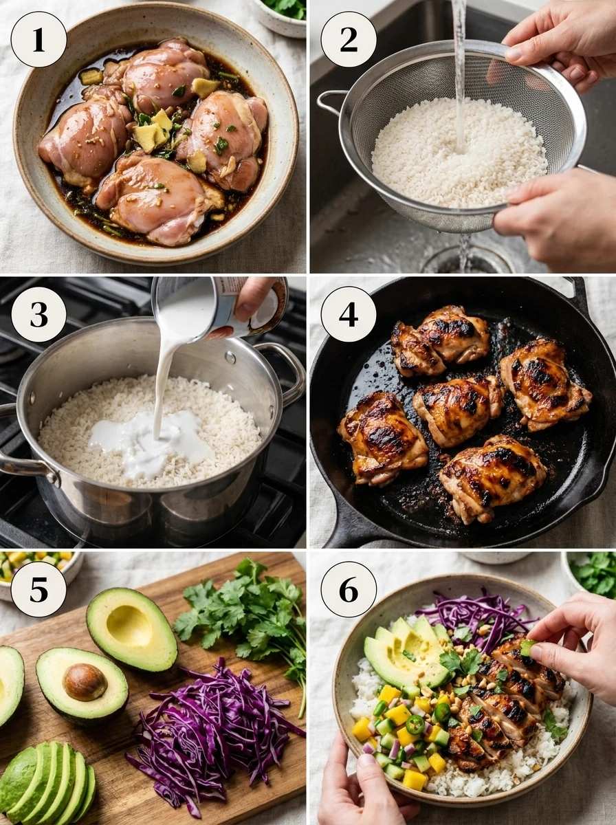 A collage showing the six key steps of making a coconut chicken rice bowl, from marinating to assembly.