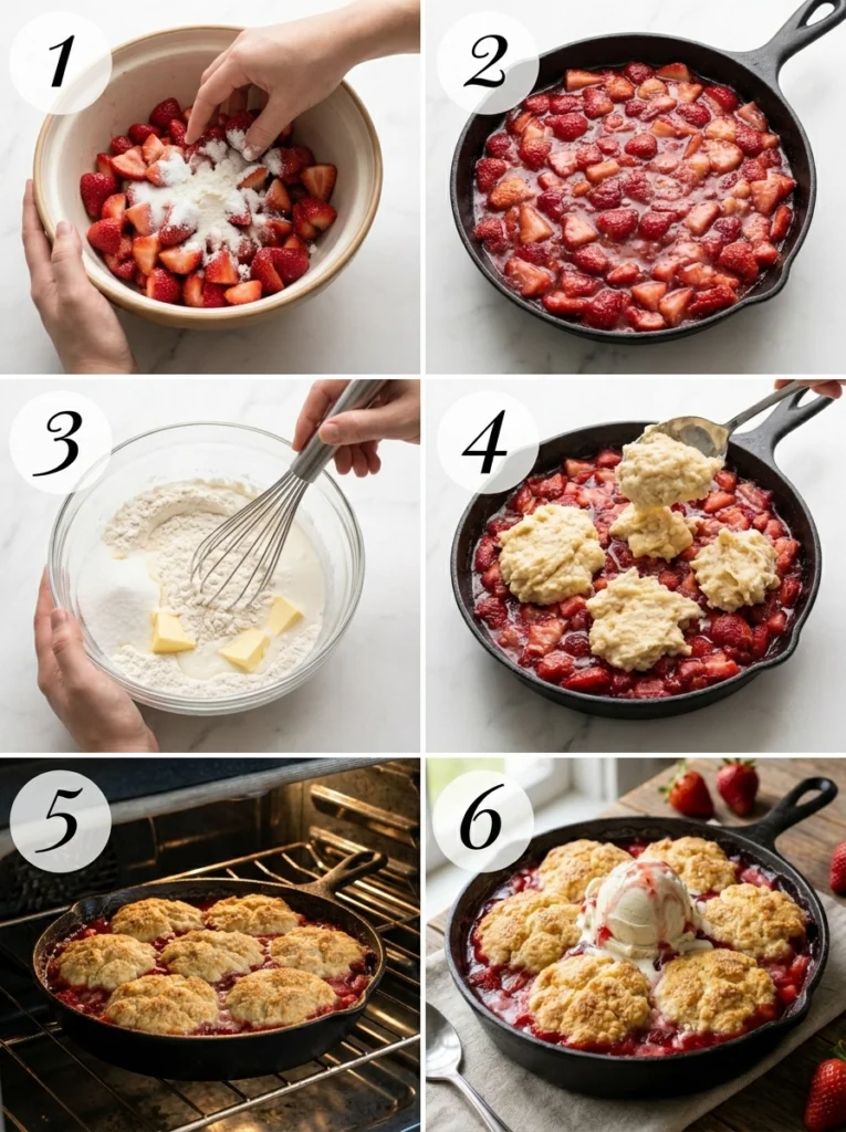 A 6-step grid showing the process of making strawberry rhubarb cobbler from mixing fruit to final serving.