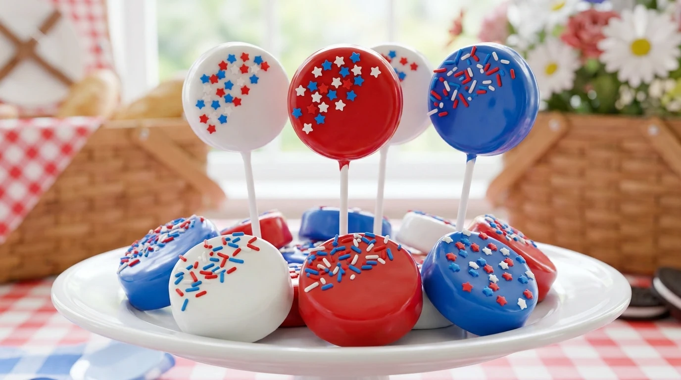 A platter of red, white, and blue chocolate-dipped Oreo cookies on sticks with patriotic sprinkles.